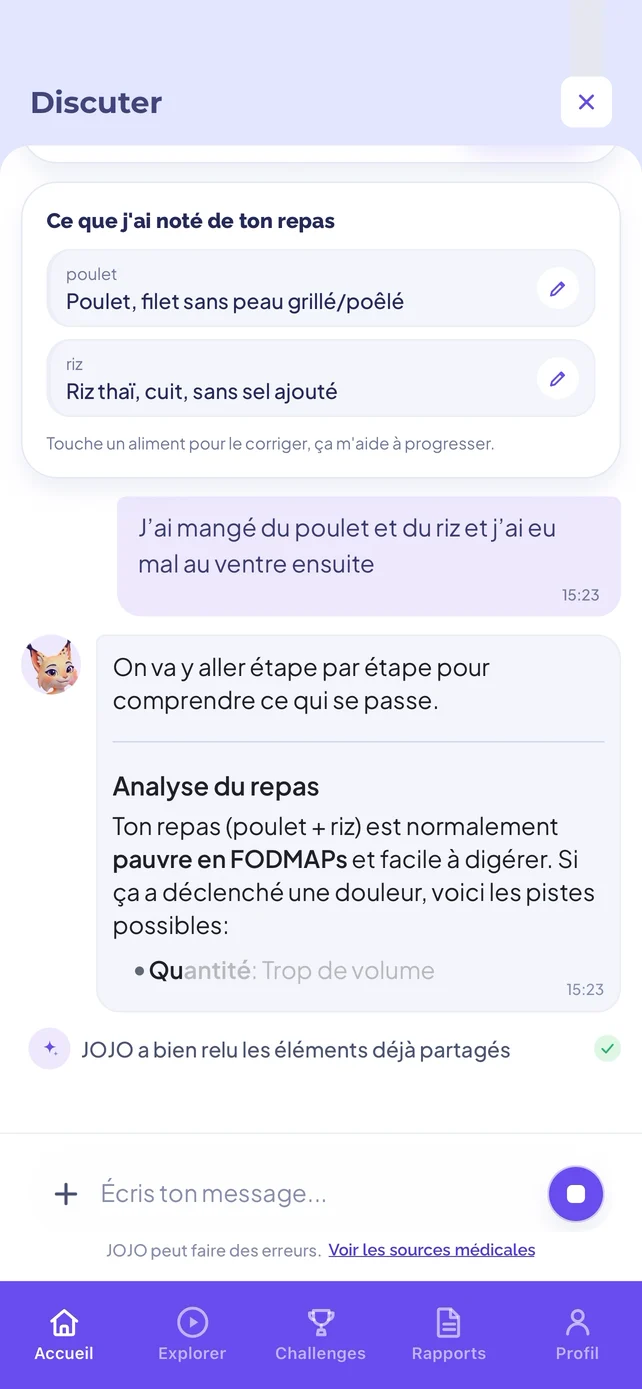 A conversation with JOJO: the foods logged and the meal analysis