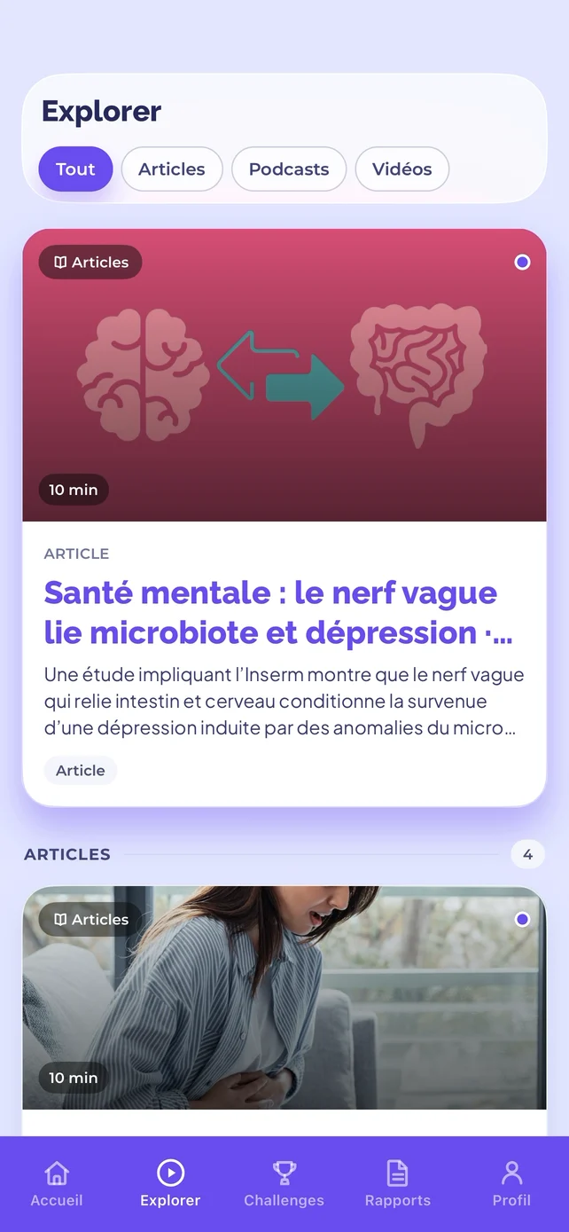 JOJO’s Explorer tab, with an article on the gut–brain axis